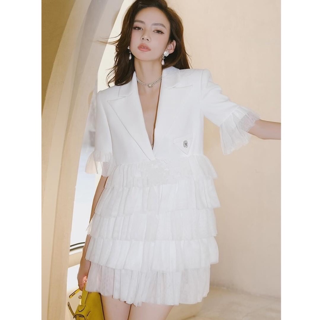 đầm thiết kế tay ren coton ren xếp tầng