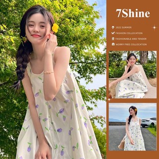 Đầm hai dây bản to in hoạ tiết hoa tím form rộng phù hợp với nhiều vóc dáng-7shine