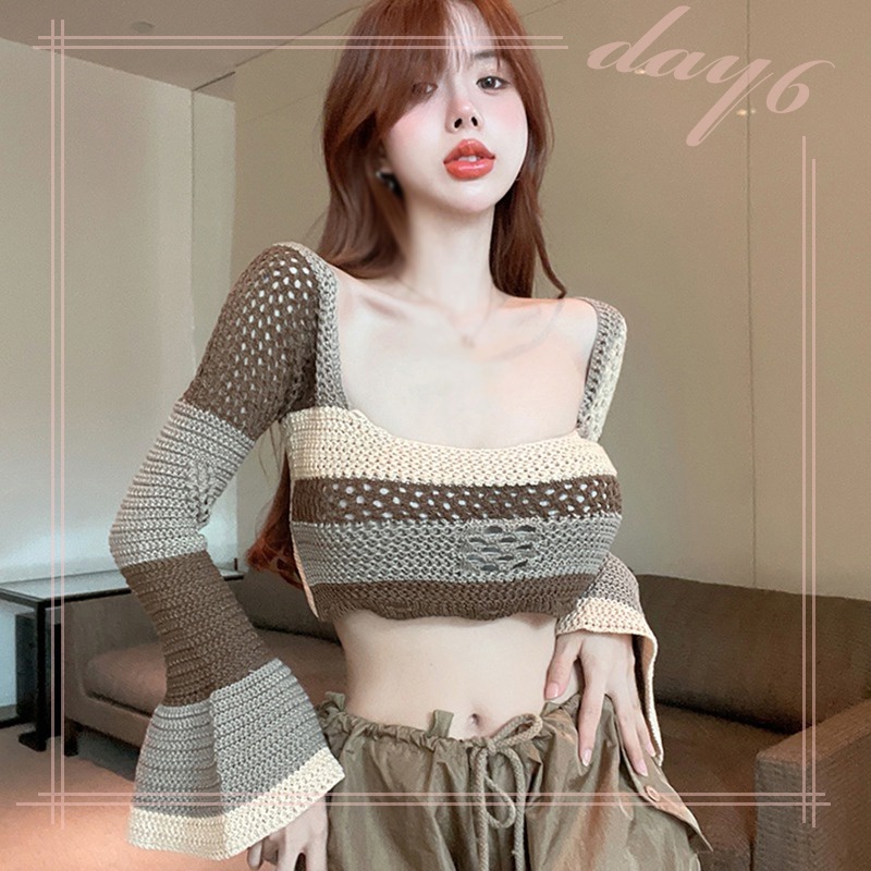 Áo Dệt Kim Tay Loe Ngắn Cổ Vuông Gợi Cảm Chống Nắng Phong Cách Hàn Quốc Cho Nữ