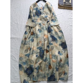 Đầm Cotton Lanh Dáng Rộng Cổ Chữ V In Họa Tiết Phong Cách Retro Dành Cho Nữ