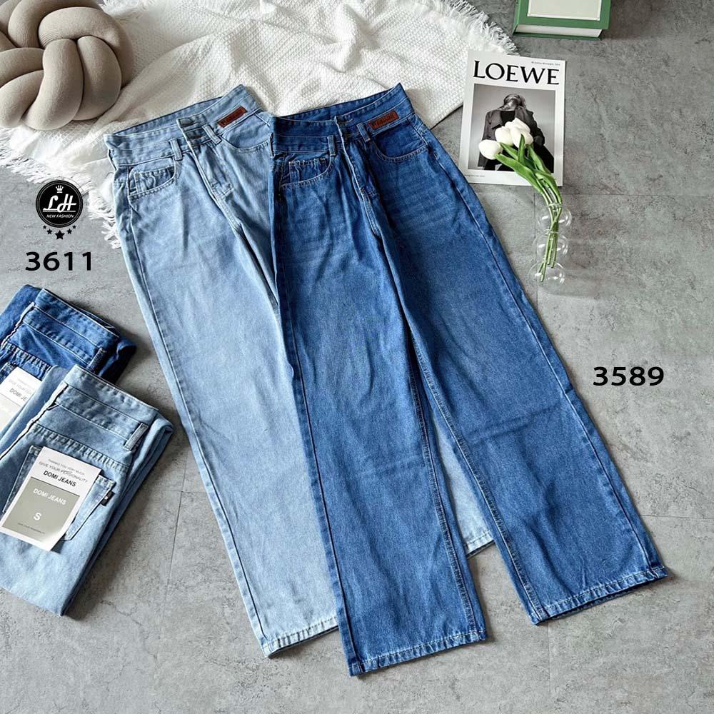 Quần jean nữ ống rộng, quần bò màu xanh trơn cạp siêu cao lưng cách điệu Lê Huy Fashion MS 3611