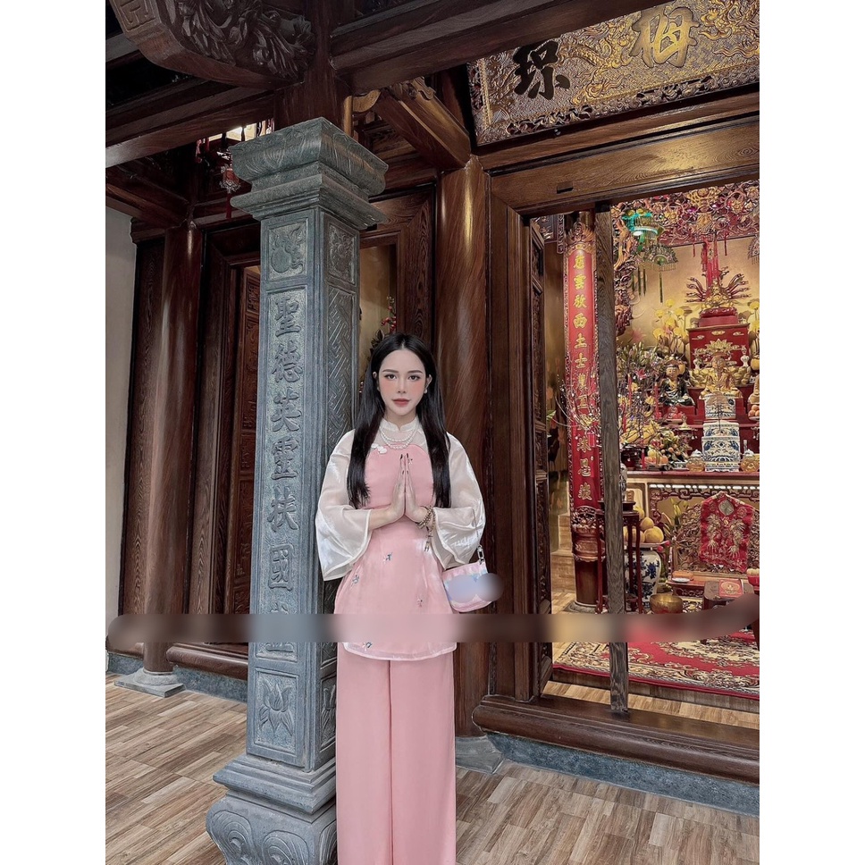 Set lam hoa thêu phối voan tơ
