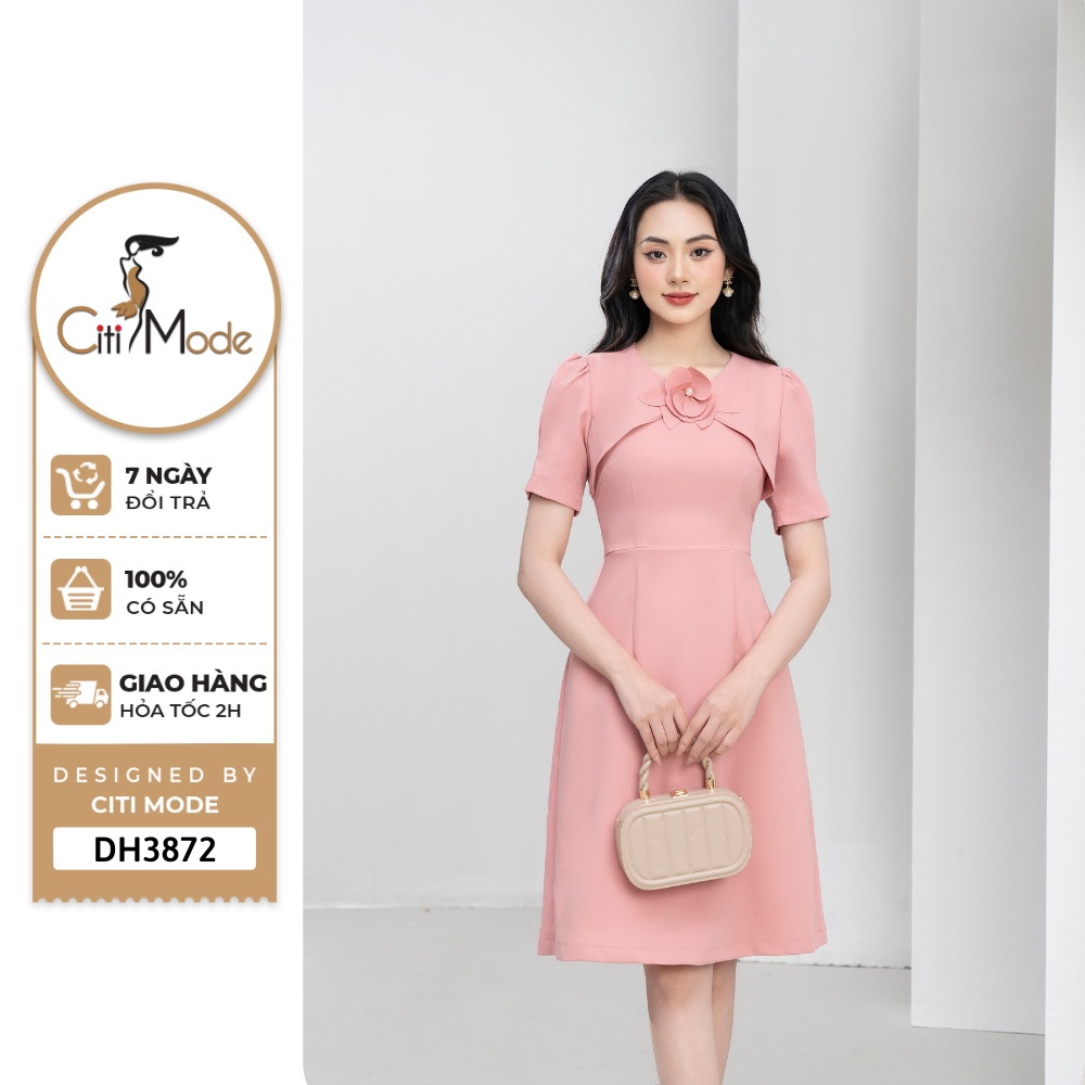 Đầm công sở CITI MODE FASHION thiết kế dáng A hồng thêu hoa ngực DH3872