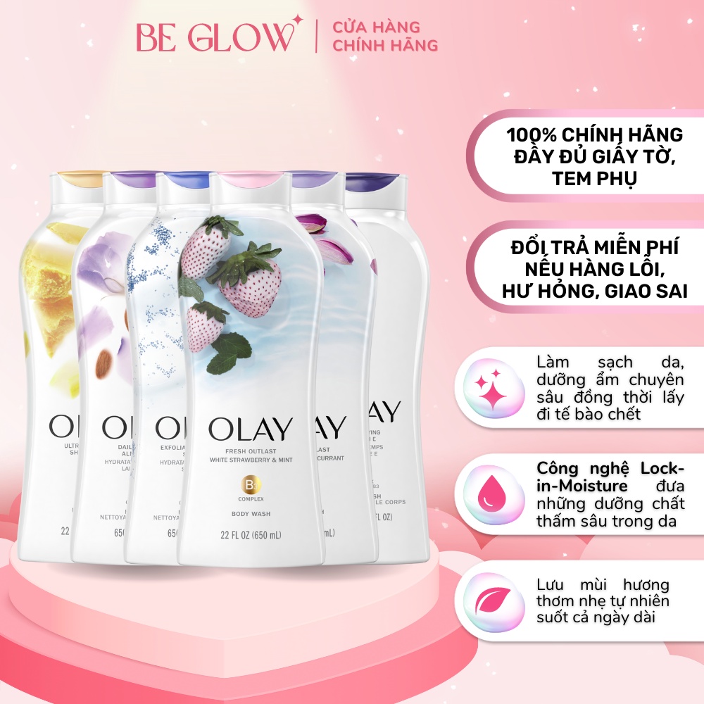 Sữa tắm Olay dưỡng ẩm mịn da, ngăn ngừa lão hoá 650ml - Be Glow Beauty