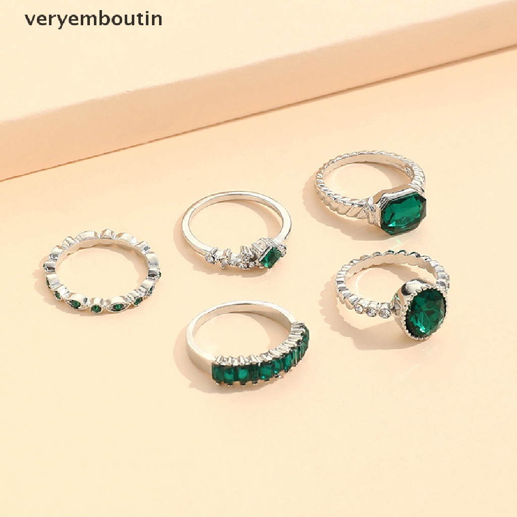 Set 5 Nhẫn Đính Đá Pha Lê Xanh Phong Cách Vintage Thời Trang Cho Nữ