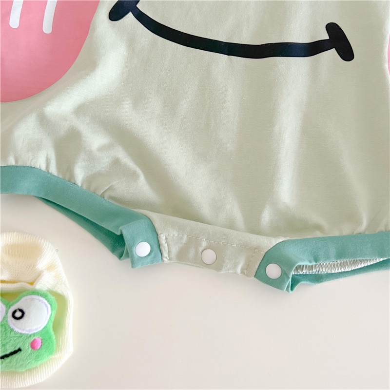 Sun baby Bộ Áo Liền Quần / Mũ Thuyền Vải cotton In Hình Ếch Hoạt Hình Dễ Thương Thời Trang Mùa Hè Cho Bé 0-2 Tuổi