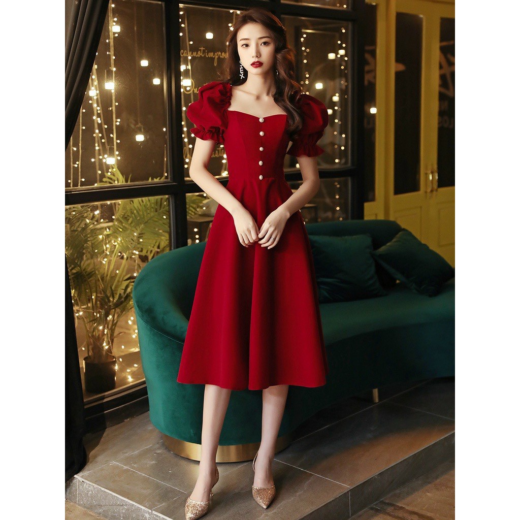 [3.3 Sales Freeship] Đầm đỏ cổ vuông tay phồng đính cườm dáng xòe, đầm đỏ umi mặc 2 kiểu đi chơi, đi tiệc quyến rũ dx