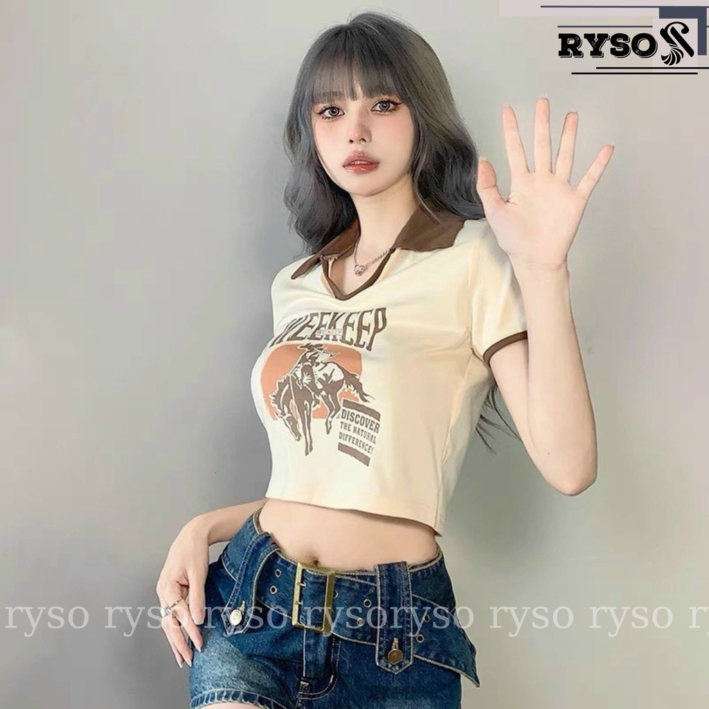 Áo croptop phối cổ hình in siêu xinh áo freesize dưới 55kg chất vải borip dày dặn năng động cá tính