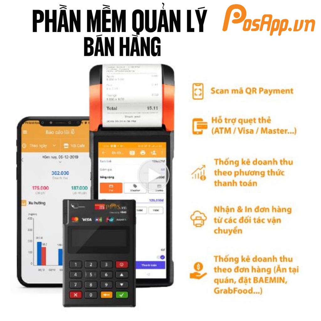 Máy Quẹt Thẻ Thanh Toán Tích Hợp Phần Mềm Quản Lý Bán Hàng Nhà Hàng/Quán Ăn Posapp Smart Pos Pro