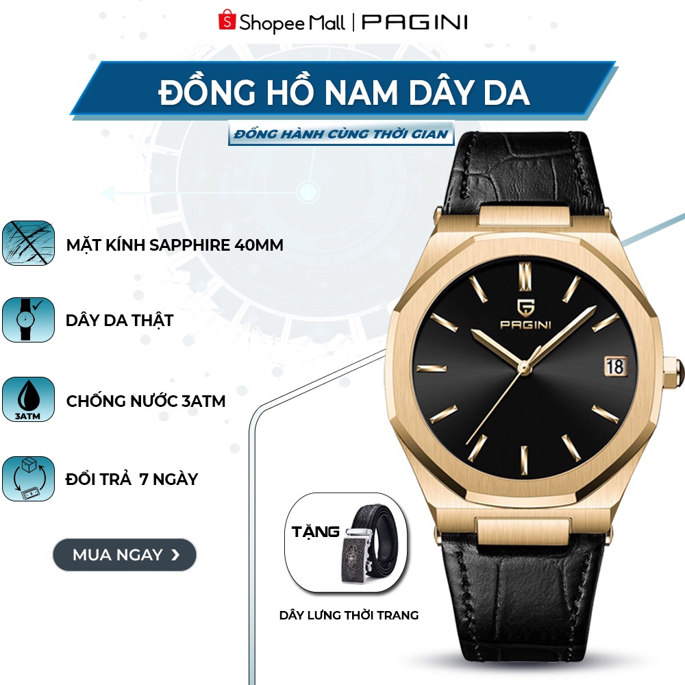 Đồng Hồ Nam Thương Hiệu PAGINI PA1859 Dây Da Cao Cấp, Hiển Thị Lịch Ngày Sang Trọng