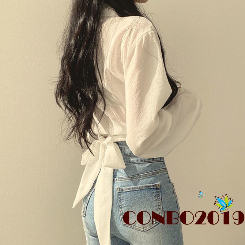 Áo Croptop Tay Dài Cổ Chữ V Màu Sắc Thanh Lịch Cho Nữ