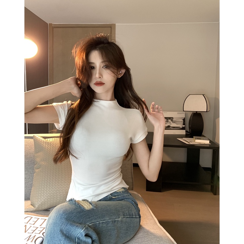 QKOOLE Áo thun  cotton cổ cao tay ngắn ôm dáng màu trơn thời trang mùa hè quyến rũ dành cho nữ