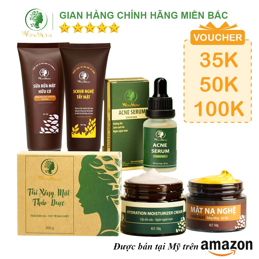 Bộ trắng da, sạch mụn cao cấp Wonmom ( Sữa rửa mặt + Scrub nghệ + Kem cấp ẩm + Serum mụn + Mặt nạ nghệ + Xông mặt )