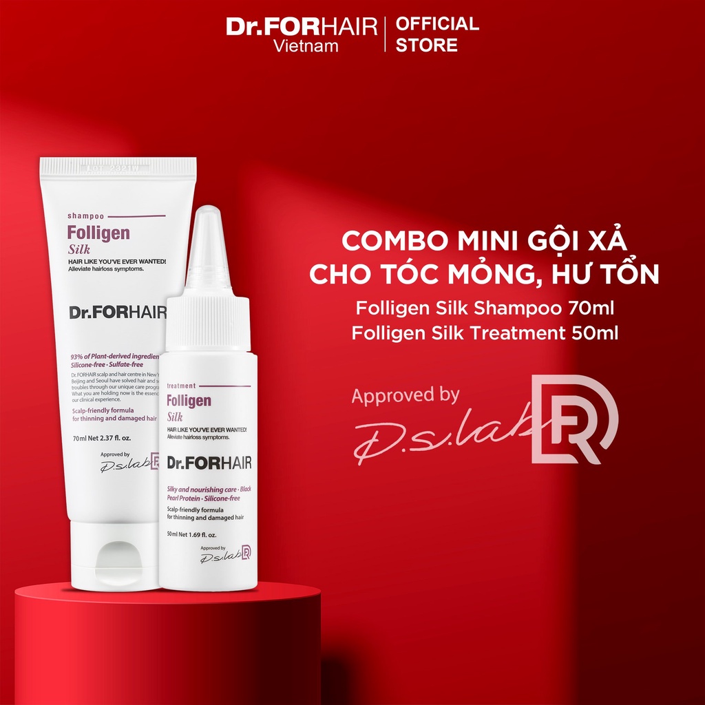 Bộ gội xả dành cho tóc mỏng và hư tổn không chứa silicon Dr. FORHAIR FOLLIGEN SILK SHAMPOO  x FOLLIGEN TREATMENT