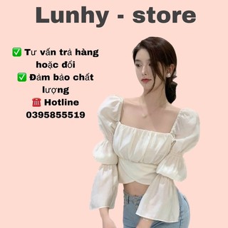 Áo kiểu trễ vai tay bồng vải xốp crop top phối bèo xinh đẹp