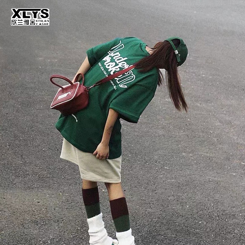 Áo thun XINLANYASHE ngắn tay dáng rộng in họa tiết thời trang cổ điển phong cách Mỹ 2023 cho nữ