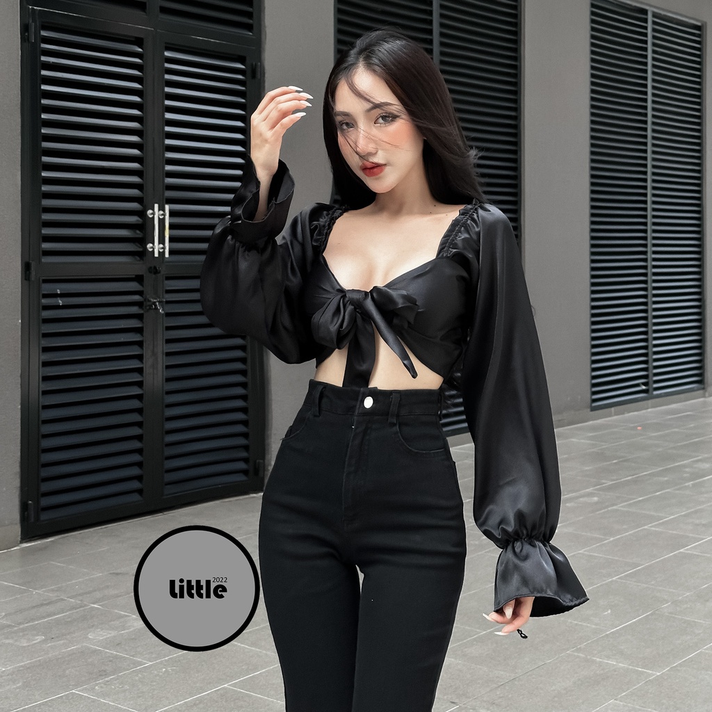 Áo Kiểu Cột Nơ Ngực Tay Dài Chất Lụa Bóng Dáng Croptop Bigsize Dưới 80Kg "ROSE"
