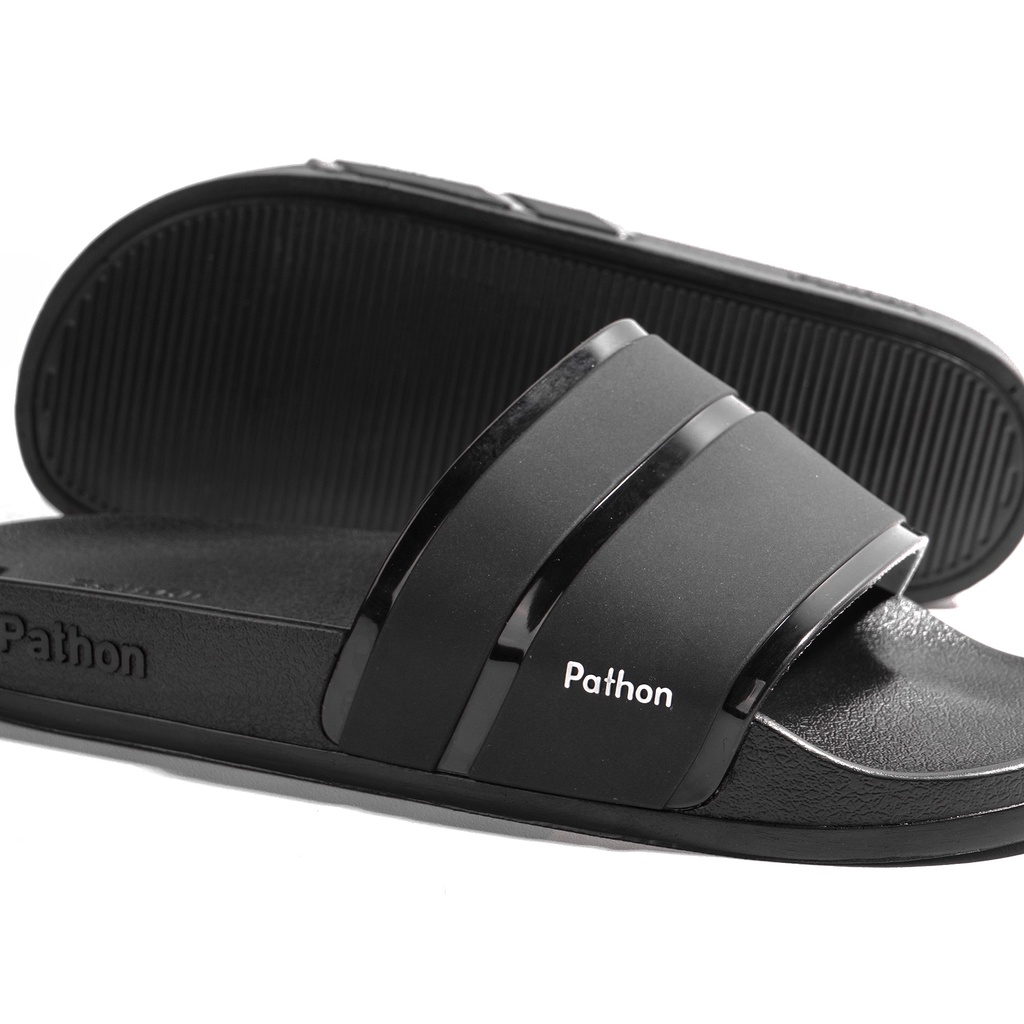 Dép nam nữ quai ngang slipper Pathon quai PVC và đế PU đen quai đen 3 xọc bóng SD107