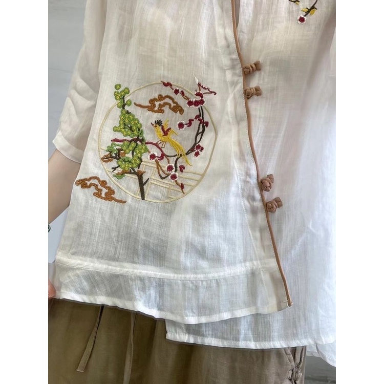 ICE Cotton and Linen Top Embroidered Printed Chinese Button Knots Sun Protection Shirt Japanese and Korean Foreign Trade Original Sample Women's Clothes Cotton and Linen