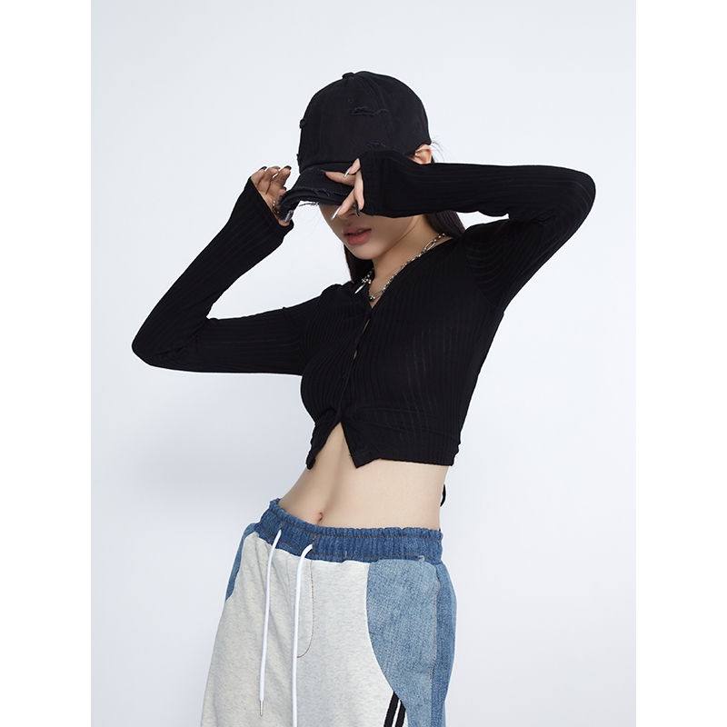 COZOK Áo Thun Tay Dài Hở Vai Màu Đen Phong Cách Quyến Rũ