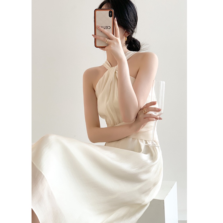 Đầm maxi váy dáng dài nữ cổ yếm thắt eo tôn dáng che khuyết điểm màu trắng đi du lịch đi chơi đi dự tiệc 6091 CT-43.1