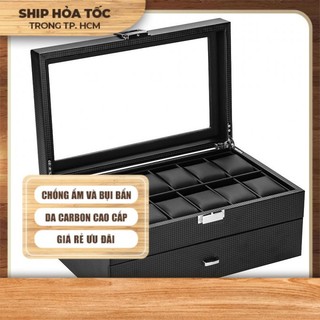 Hộp đựng đồng hồ 24 cái 2 tầng bằng da carbon cao cấp 34x21x15cm [0172 0206]