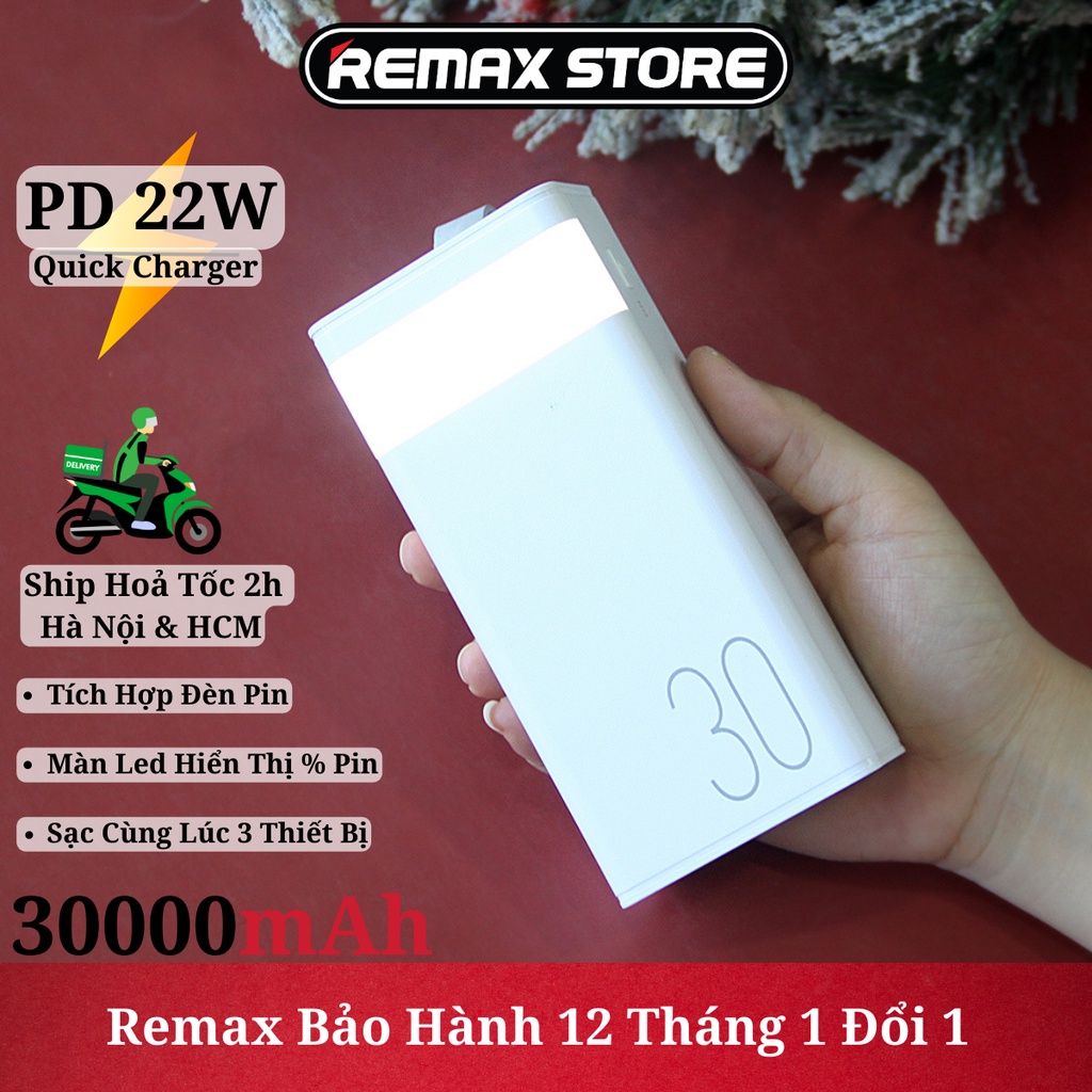 Pin dự phòng sạc nhanh Remax RPP-320 dung lượng 30000mAh có đèn pin - hỗ trợ QC 22.5 và PD 20W Remax BH 12 Tháng