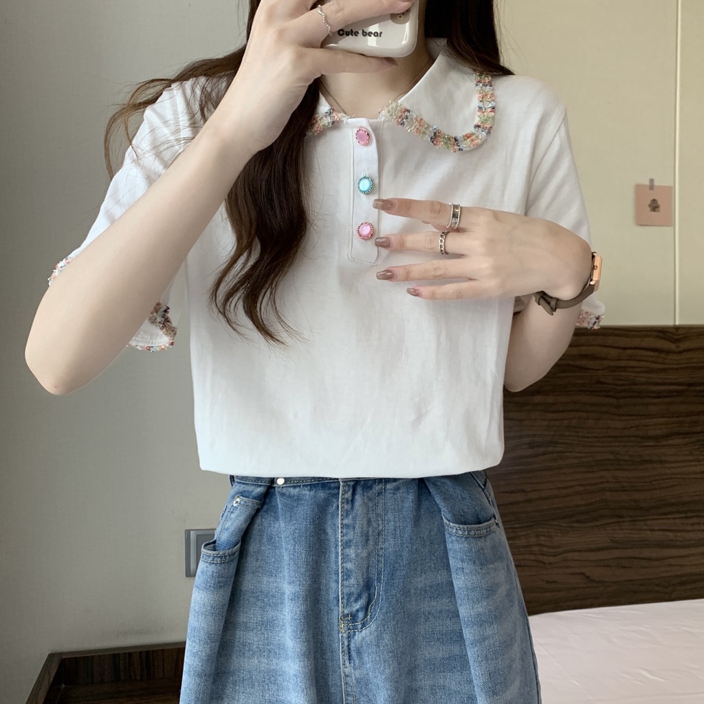 Áo Thun Ngắn Tay Cổ Polo Phối Ren Màu Tương Phản Thời Trang Mùa Hè Mới Cho Nữ