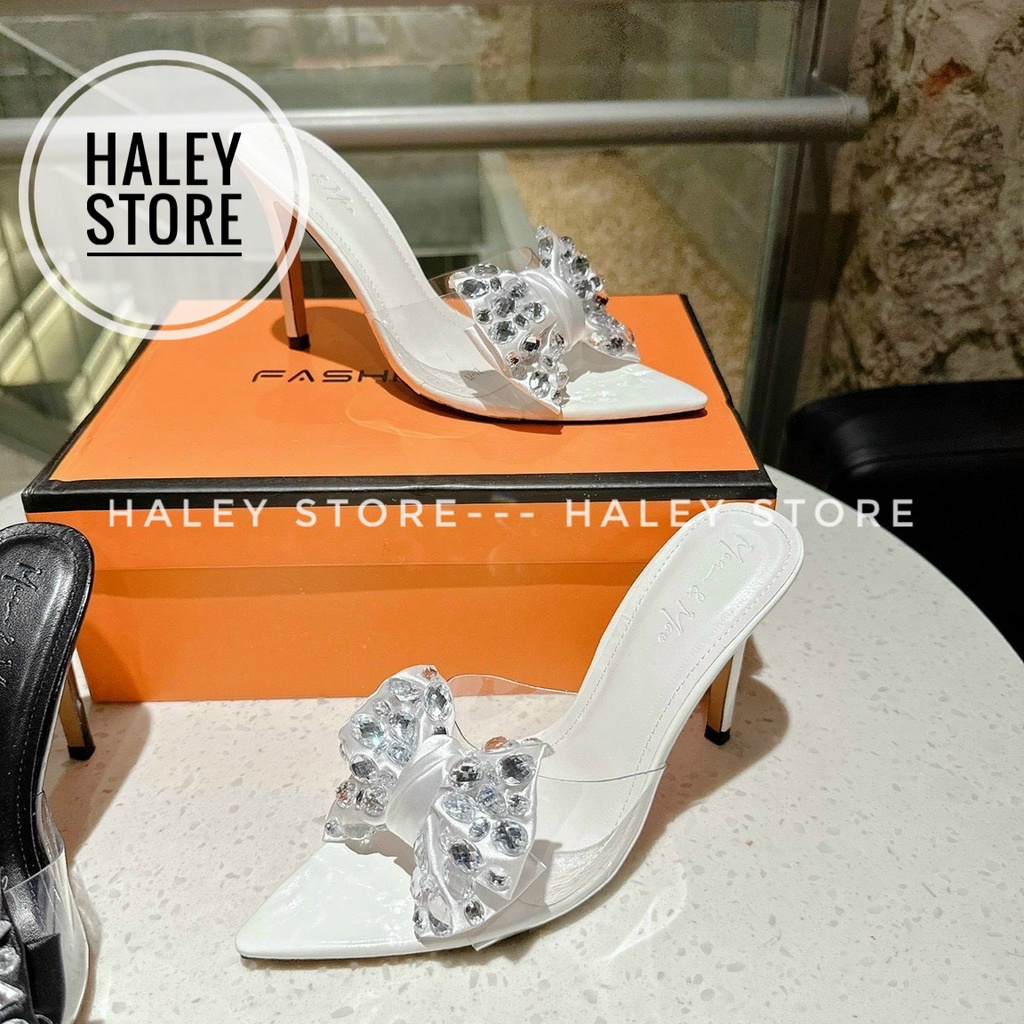 Guốc nữ HALEY STORE gót nhọn 9cm quai trong suốt đính nơ đá xoàn pha lê sang trọng giày cô dâu tiệc cưới