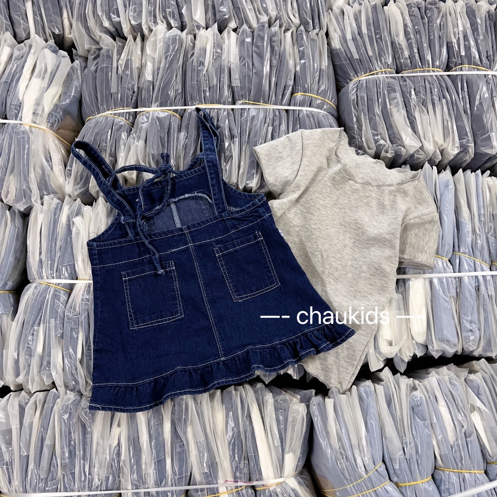 Váy bò kèm áo tăm xám bé gái