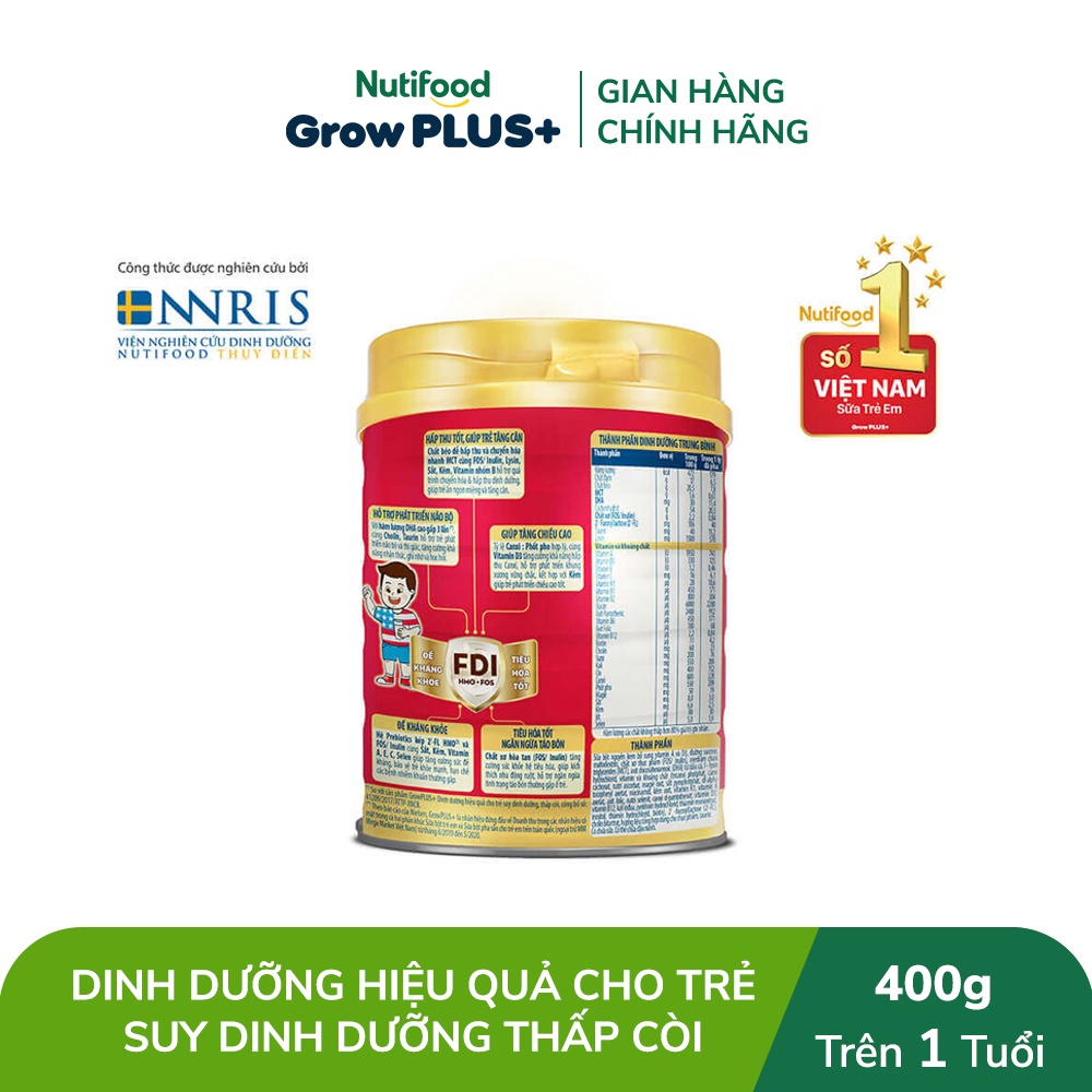 Sữa Bột Nutifood GrowPLUS+ Suy Dinh Dưỡng 400g - Trên 1 Tuổi - Tăng Cân, Tăng Chiều Cao (Lon 400g)