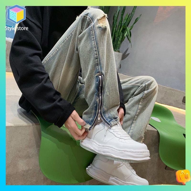 Quần Jeans Rách Phối Khóa Kéo Phong Cách Âu Mỹ Cá Tính Cho Nam