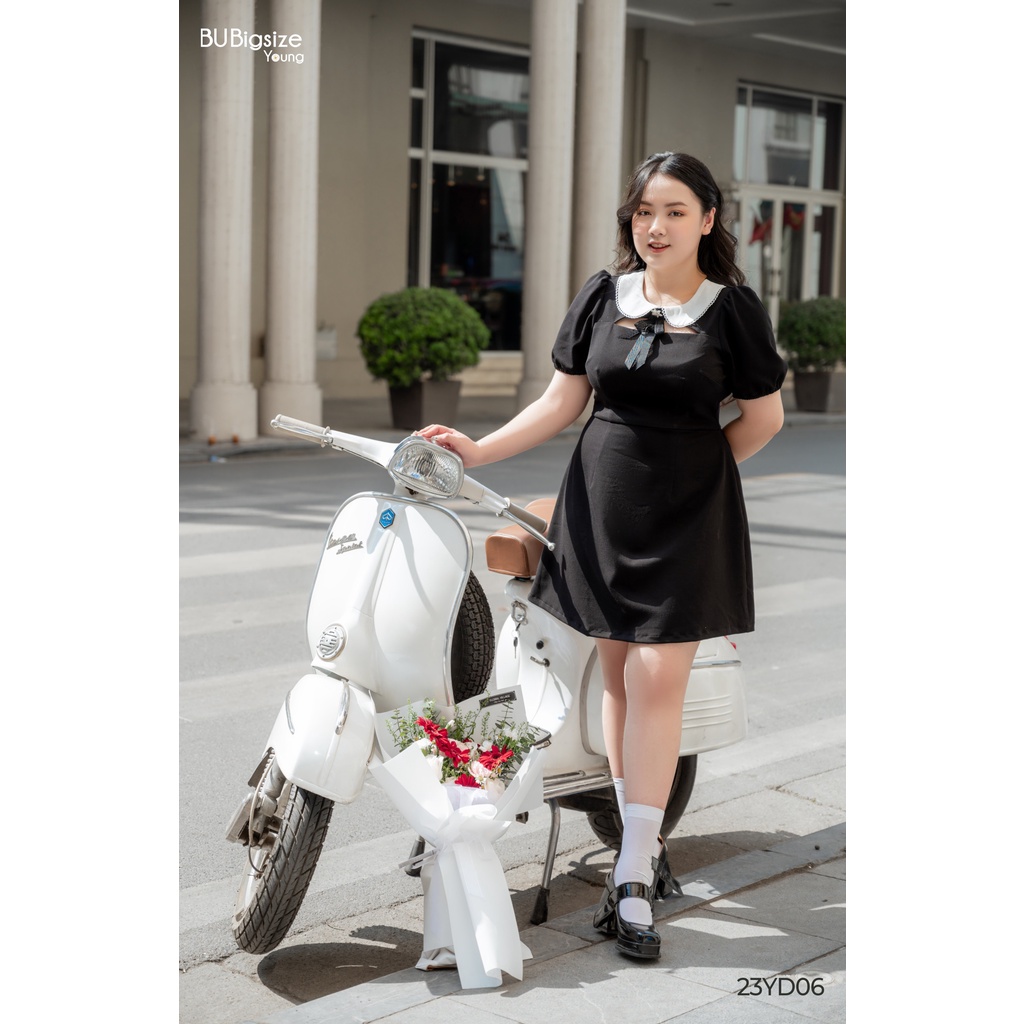 Đầm cổ sen phối khoét ngực nơ đá BIGSIZE (55kg đến 95kg) - 23YD06 - [BU Bigsize Young]