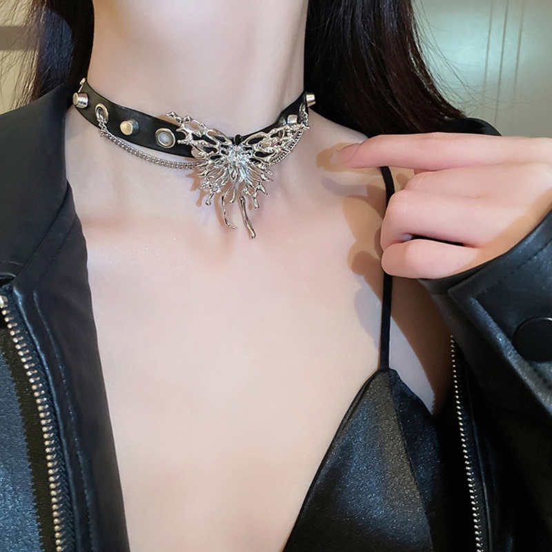 Vòng Cổ Choker Da PU Mặt Hình Bướm Phong Cách Punk Rock Có Thể Điều Chỉnh