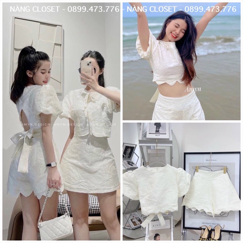 SET Áo croptop gấm hoa nổi kèm Quần Short lượn lai trắng đi biển/du lịch NÀNG CLOSET
