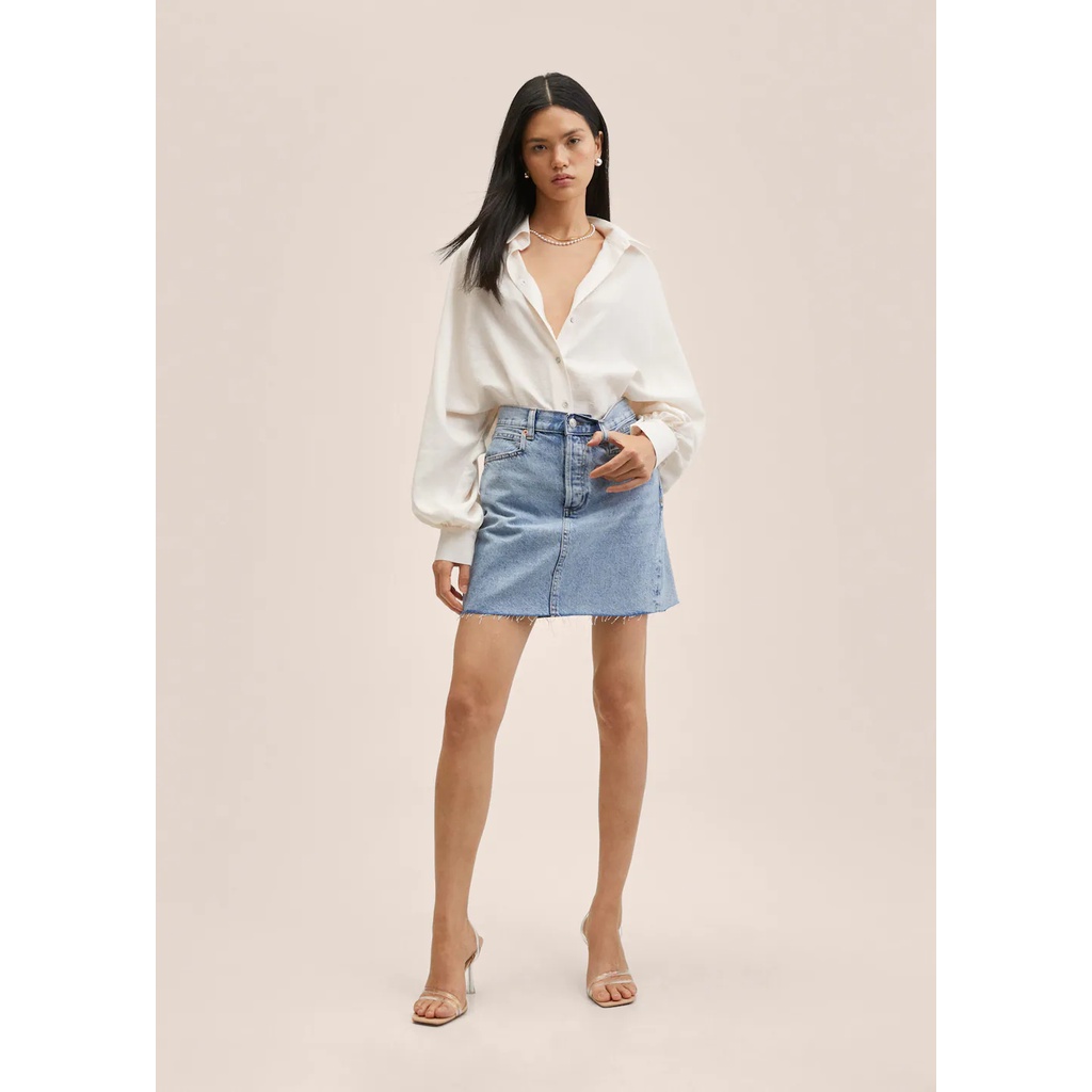 Mango Đức - Chân váy jean chữ A ngắn màu xanh denim nhạt mini bò ôm body auth new tag cao cấp chính hãng 17010803002