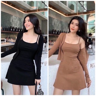 Set đầm hai dây chữ A kèm áo khoác- Ringu shop