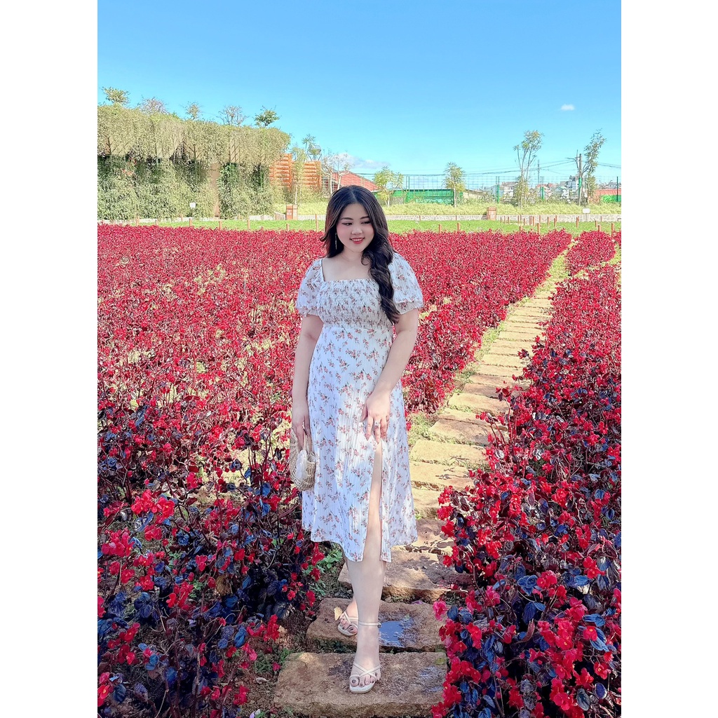 Váy Hoa Nữ Bigsize , Đầm Cổ Vuông Tay Phồng Xẻ Đùi Chất Xốp Gân Dây Kéo Sau Lưng Dành Cho Người Mập 50.90kg