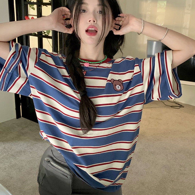 Áo thun SUXI ngắn tay dáng rộng kẻ sọc thêu họa tiết xinh xắn dễ phối đồ cho nữ