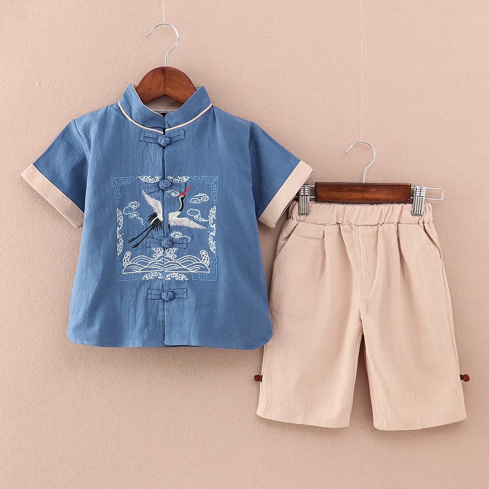 Bộ quần áo cộc tay cho bé Sumo kids, Chất liệu thô đũi, họa tiết con cò