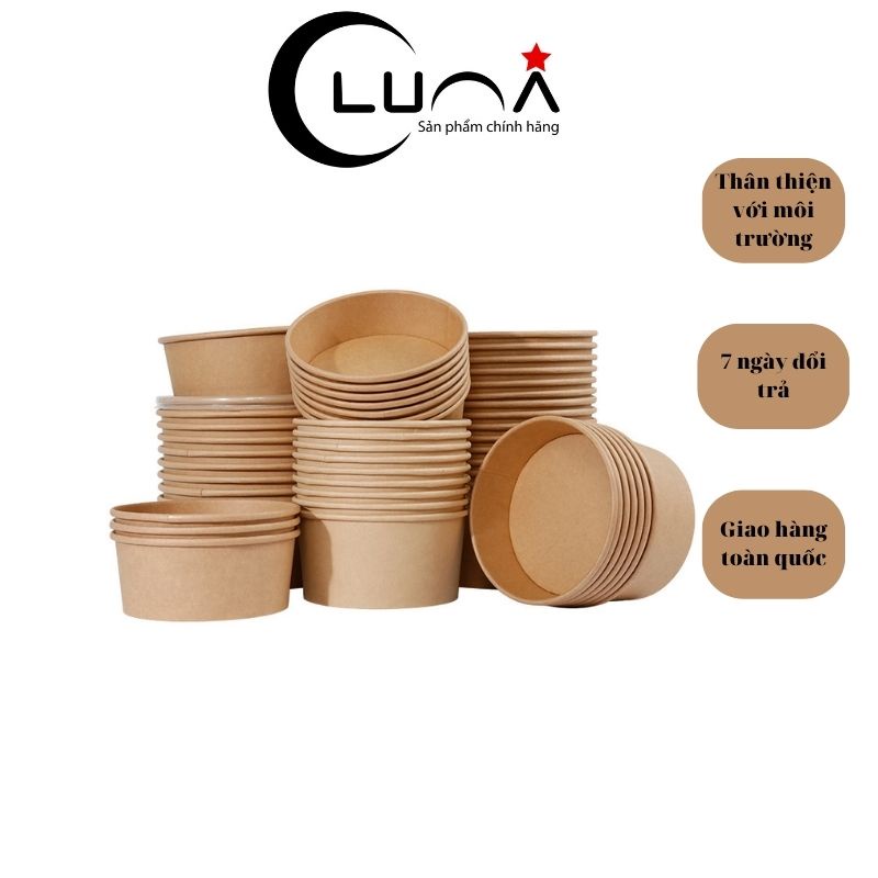 Tô giấy Kraft Salad nâu đựng thức ăn, salad, bánh bông lan có nắp pet chịu nhiệt 1000ml-Luna Store