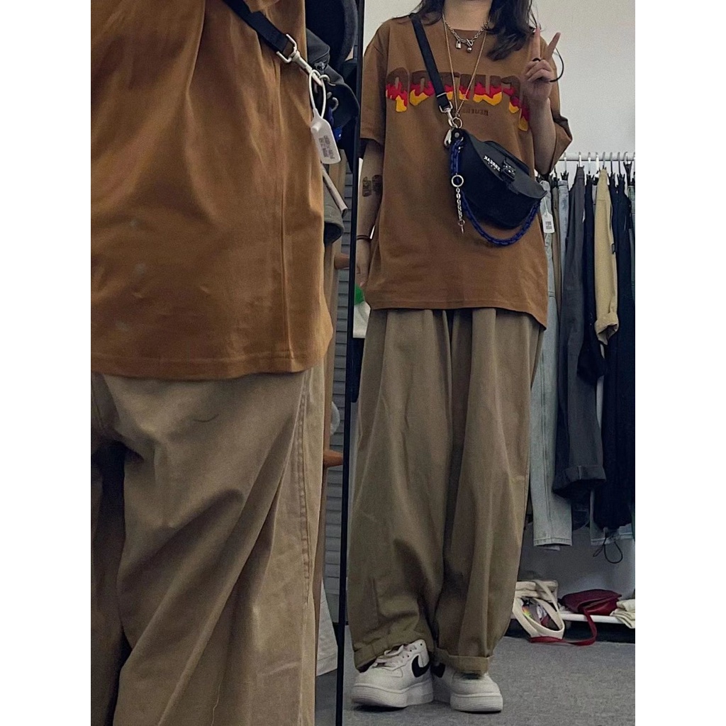 ZHELIHANGFEI Quần ống rộng Lưng Cao Co Giãn Phong Cách retro Hàn Quốc
