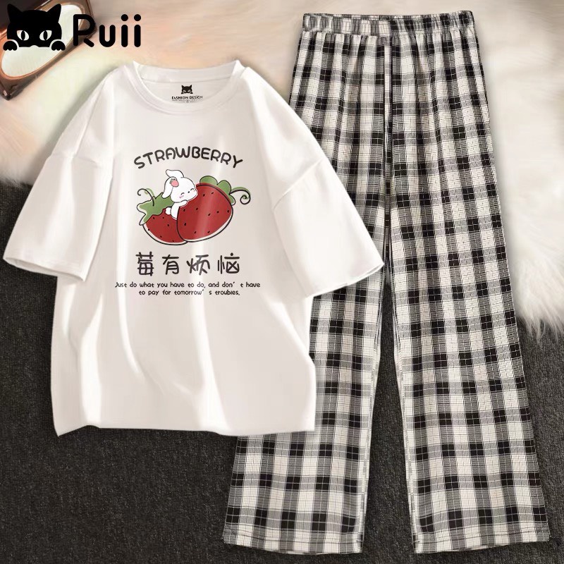 Sét áo phông trắng In nhiều hình +quần kẻ karo đen trắng, Đồ UNISEX mặc ở nhà và đi chơi, chất đẹp, mặc không xù - FANI