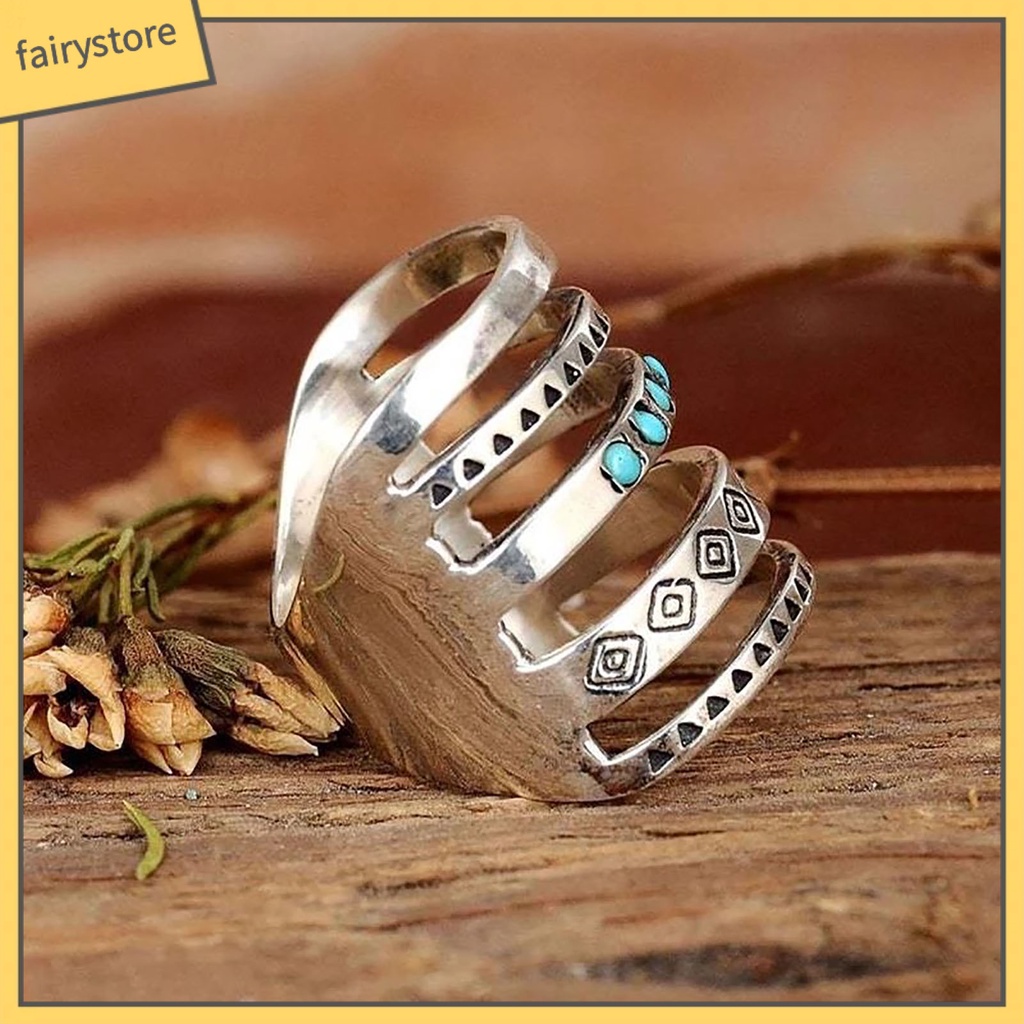 [Fairy1] Nhẫn Nhiều Lớp Họa Tiết Biểu Tượng Đính Đá Ngọc Lam Phong Cách Bohomian Cho Nữ