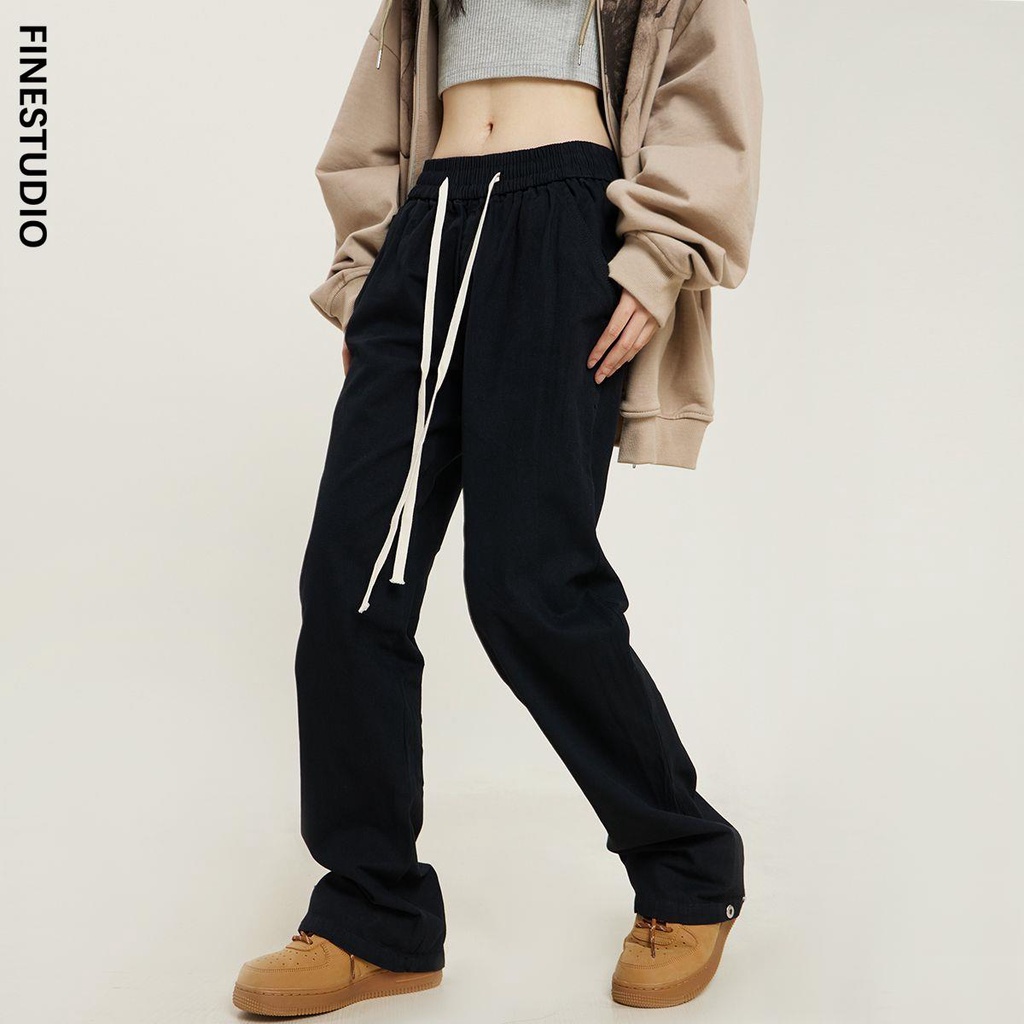 Quần Dài Ống Rộng Lưng Thun Nhiều Túi Màu Đen Phong Cách Mỹ Cho Nam Nữ