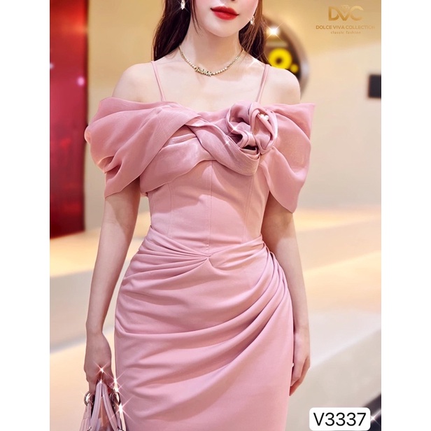 V3337 váy body trễ vai màu hồng