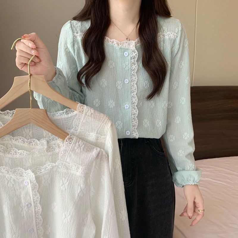 Áo Thun Tay Dài Cổ Vuông Phối Ren Thoải Mái Thời Trang Mùa Thu Mới 2023