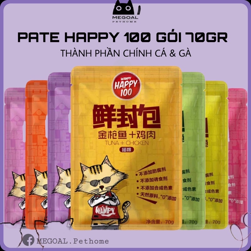 Pate HAPPY 100 gói 70gr đủ 7 vị - Thức ăn ướt cho mèo