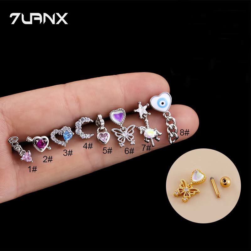 Khuyên tai 7UANX dạng xỏ thép không gỉ đính đá zircon nhân tạo nhiều kiểu dáng tùy chọn thời trang