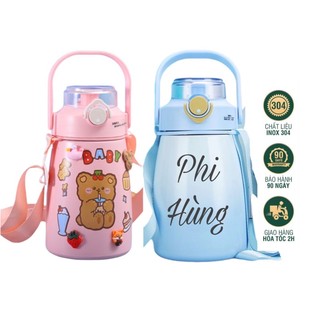Bình giữ nhiệt khắc tên 1000 ml, có ống hút, inox 304 cao cấp không rỉ tặng kèm sticker và dây đeo